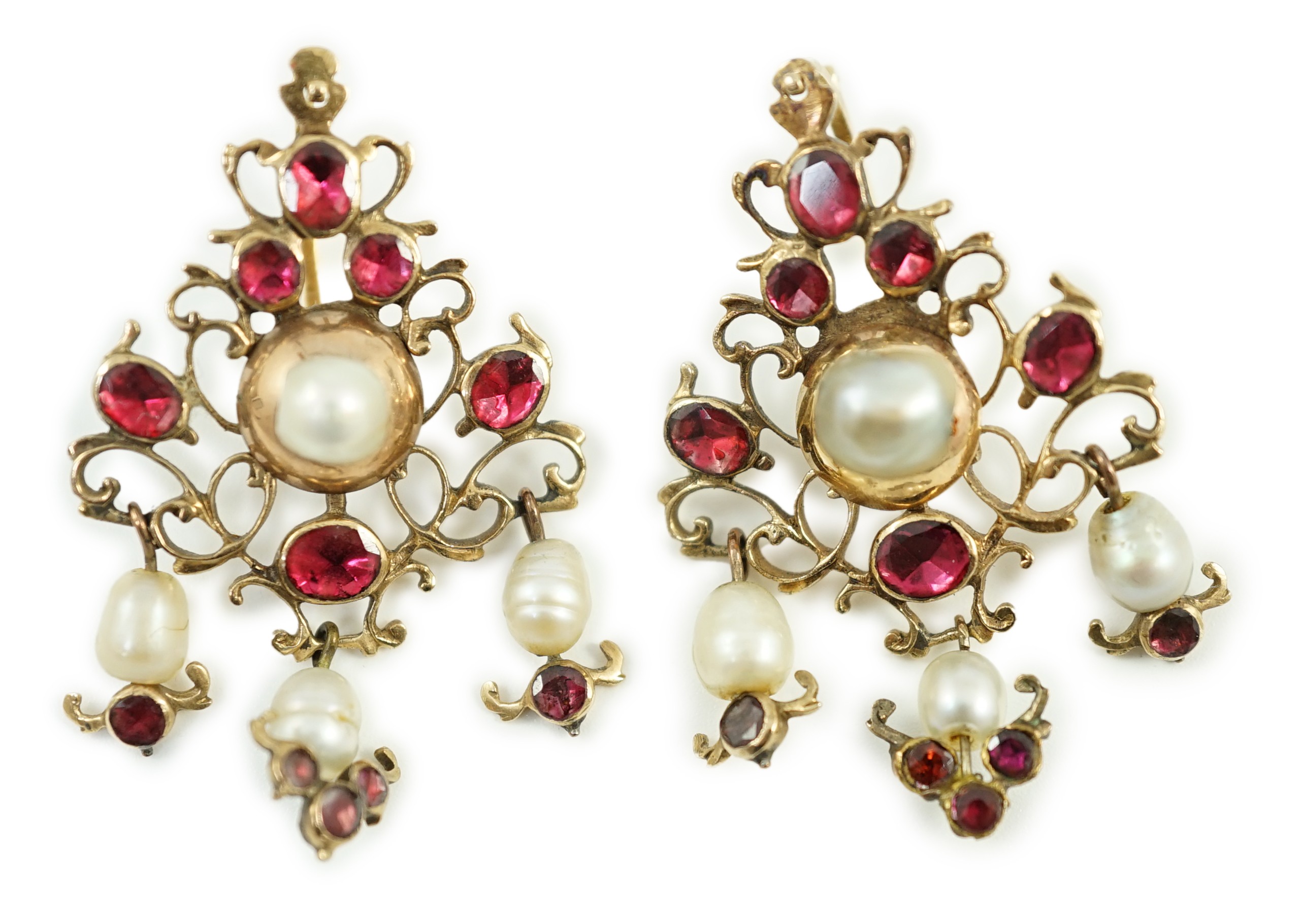 A pair of Indian yellow metal, cultured pearl and foil backed gem set cluster drop earrings, 43mm, gross weight 10.7 grams.